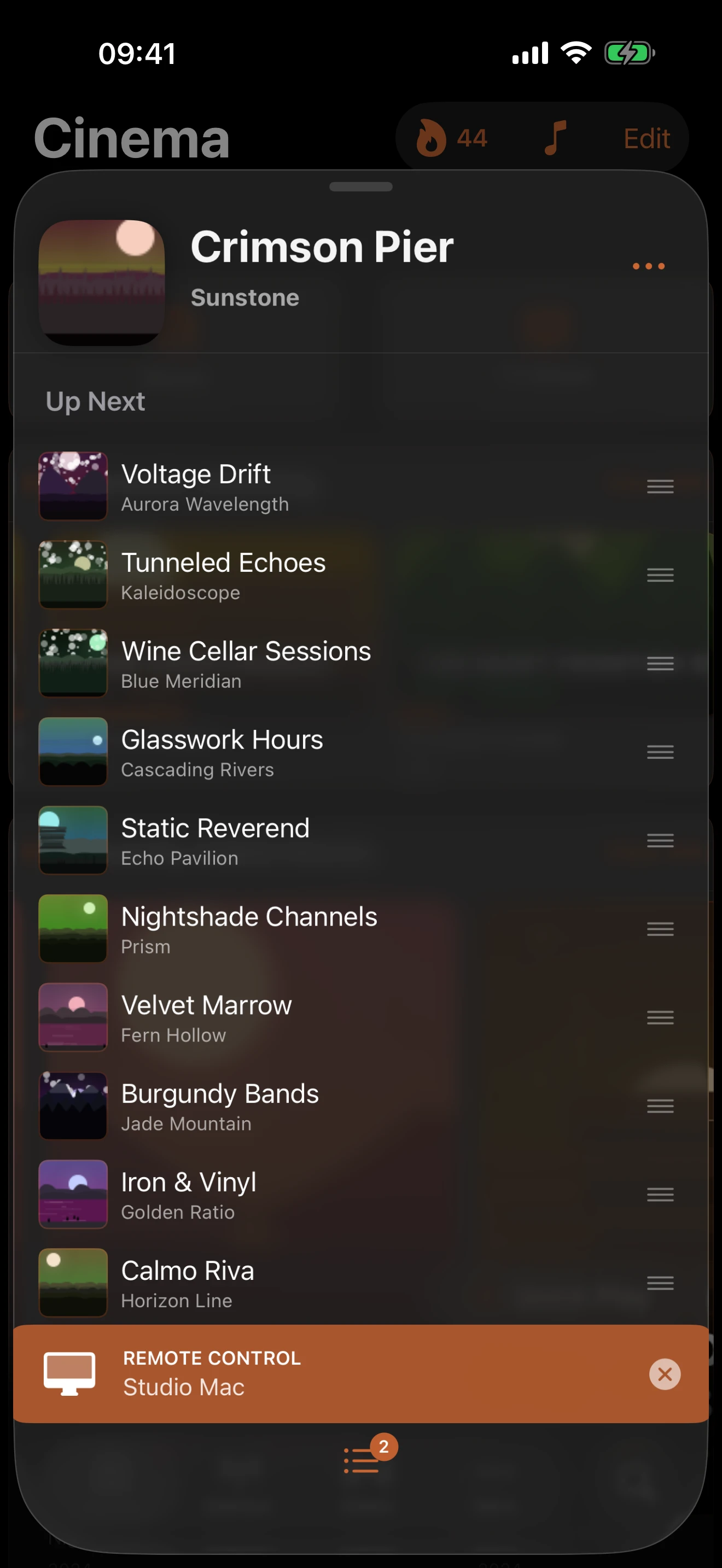 Drac's Jukebox Remote Control panel on iPhone, editing the queue of another device